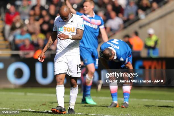Dejected Andre Ayew of Swansea City during the Premier League match between Swansea City and Stoke City at Liberty Stadium on May 13, 2018 in...
