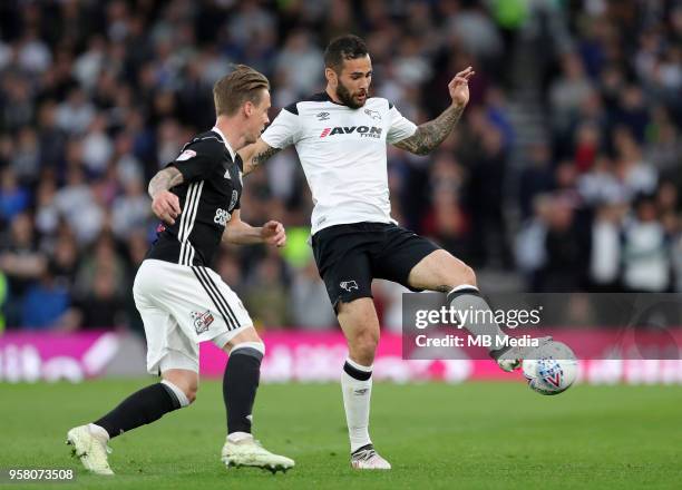 Bradley Johnson, plays the ball forward during the Sky Bet Championship Play Off Semi FinalFirst Leg between Derby County and Fulham on May 11, 2018...