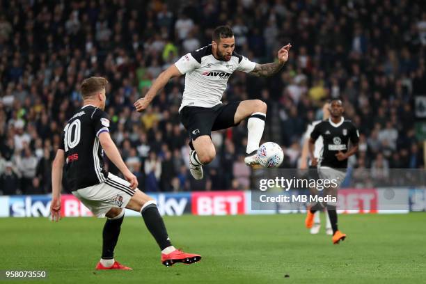 Bradley Johnson, goes past a defender during the Sky Bet Championship Play Off Semi FinalFirst Leg between Derby County and Fulham on May 11, 2018 at...