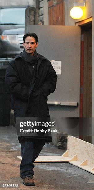 Actor Keanu Reeves on location for "Henry's Crime" on January 15, 2010 in Tarrytown, New York.