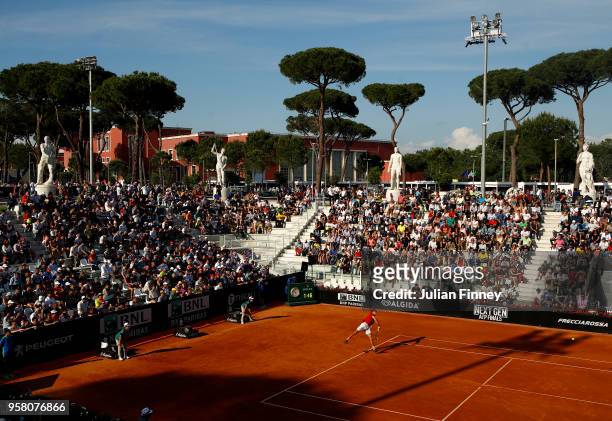 Stefanos Tsitsipas of Greece serves to Dusan Lajovic of Serbia during day one of the Internazionali BNL d'Italia 2018 tennis at Foro Italico on May...