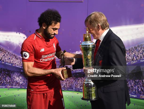 Mohamed Salah of Liverpool Receives The Players Player of the year and the Newspapers writers Player of the year from Kenny Daglish during the...