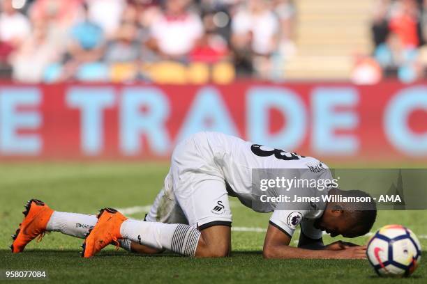 Jordan Ayew of Swansea City during the Premier League match between Swansea City and Stoke City at Liberty Stadium on May 13, 2018 in Swansea, Wales.