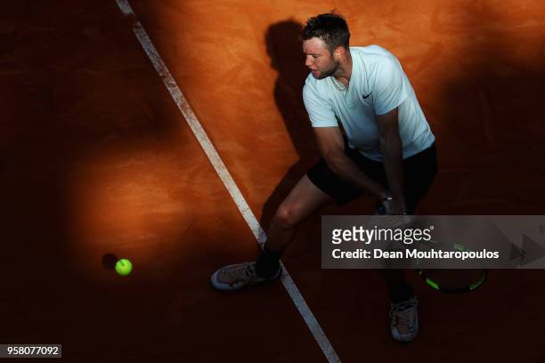 Jack Sock of USA returns a backhand in his match against David Ferrer of Spain during day one of the Internazionali BNL d'Italia 2018 tennis at Foro...