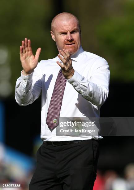 Sean Dyche, Manager of Burnley shows appreciation to the fans after the Premier League match between Burnley and AFC Bournemouth at Turf Moor on May...