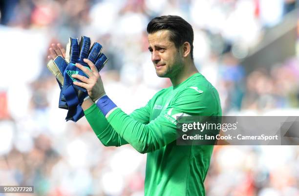 An emotional Swansea City's Lukasz Fabianski thanks the fans after Swansea City are relegated from the Premier league during the Premier League match...