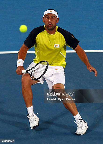 Marcos Baghdatis of Cyrprus returns a ball in his men's final match against Richard Gasquet of France during day seven of the 2010 Medibank...