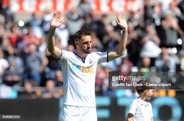 Swansea City's Angel Rangel waves to the fans prior to kick off in his last game for Swansea City during the Premier League match between Swansea...