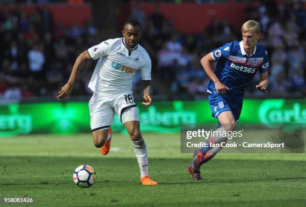 Swansea City's Jordan Ayew in action during todays game during the Premier League match between Swansea City and Stoke City at Liberty Stadium on May...
