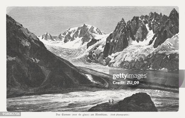 mer de glace, mont blanc massif, french alps, published 1897 - french alps stock illustrations