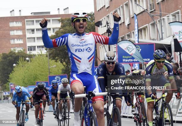 Groupama - FDJ's Frewnch rider Olivier Le Gac celebrates as he won the 6th and last stage of 2018 Four Days of Dunkirk, a 179,4km stage bewteen...