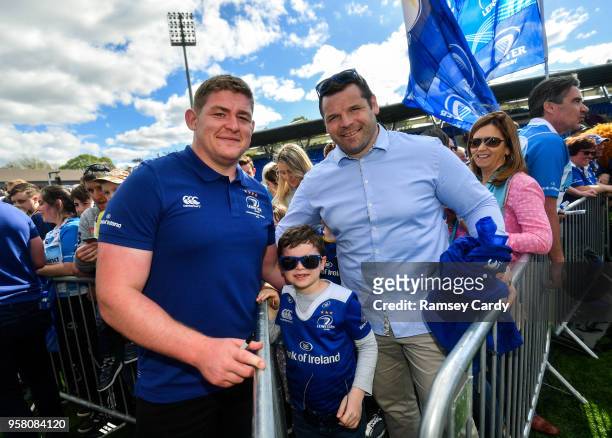 Dublin , Ireland - 13 May 2018; Tadhg Furlong of Leinster with former Leinster player Mike Ross, and his son Kevin during their homecoming in Energia...