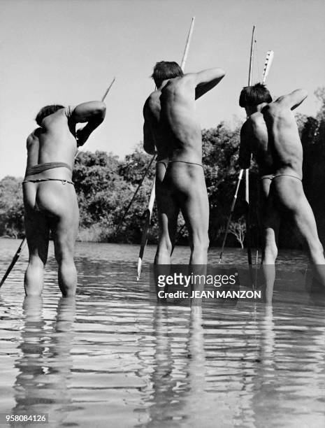 Picture taken during an expedition in High Xingu in Amazonia in August 1951 of Amazonian Indian men of the Kamayura tribe fishing with lances. - The...