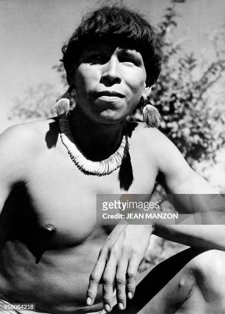 Headshot of an Amazonian Indian of the Kamayura tribe taken in August 1951 during an expedition in High Xingu, Amazonia, Brazil. - The Kamayura...