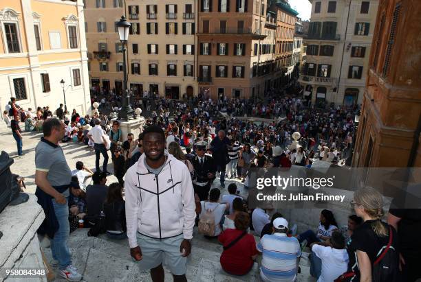 Frances Tiafoe of USA poses for a photo as he visits the Spanish Steps during day one of the Internazionali BNL d'Italia 2018 tennis at Foro Italico...