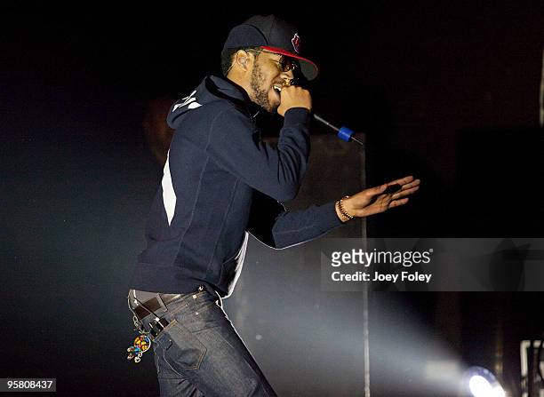 KiD CuDi performs in front of a sold out crowd in his hometown at The Agora Theater on January 15, 2010 in Cleveland, Ohio.