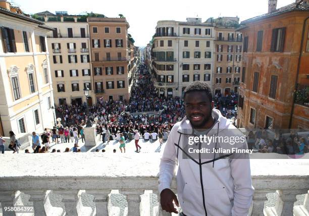 Frances Tiafoe of USA poses for a photo as he visits the Spanish Steps during day one of the Internazionali BNL d'Italia 2018 tennis at Foro Italico...