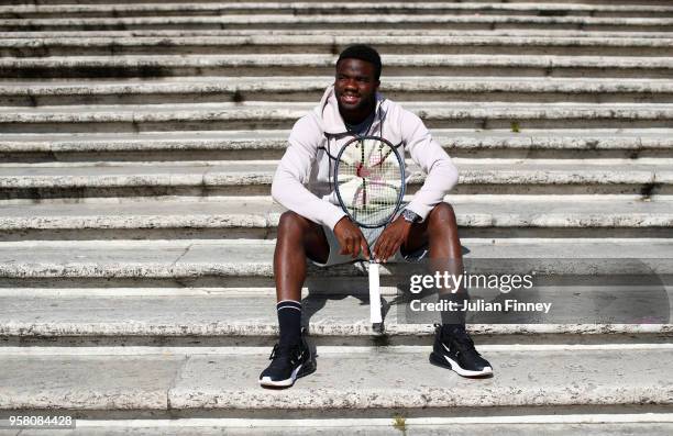 Frances Tiafoe of USA poses for a photo as he visits the Spanish Steps during day one of the Internazionali BNL d'Italia 2018 tennis at Foro Italico...