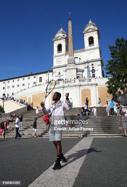 Frances Tiafoe of USA plays tennis by the Spanish Steps during day one of the Internazionali BNL d'Italia 2018 tennis at Foro Italico on May 13, 2018...
