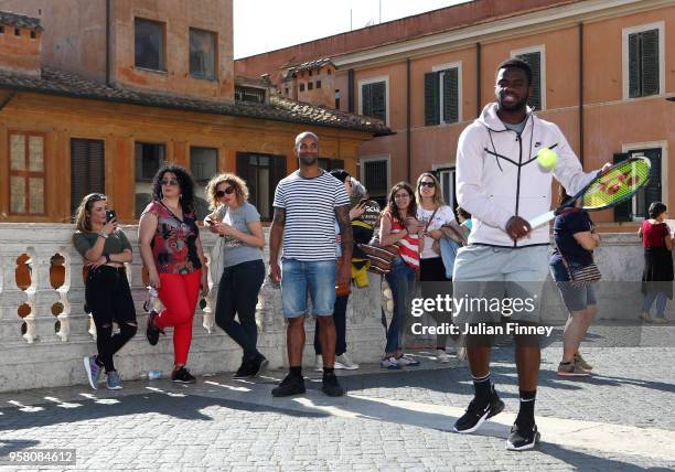 Frances Tiafoe of USA plays tennis by the Spanish Steps during day one of the Internazionali BNL d'Italia 2018 tennis at Foro Italico on May 13, 2018...