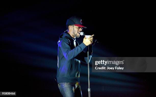 KiD CuDi performs in front of a sold out crowd in his hometown at The Agora Theater on January 15, 2010 in Cleveland, Ohio.