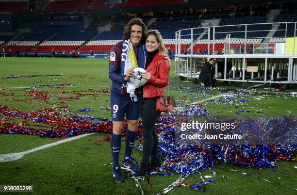 Edinson Cavani of PSG and his girlfriend Jocelyn Burgardt celebrate during the French Ligue 1 Championship Trophy Ceremony following the Ligue 1...