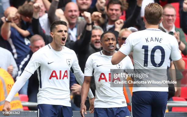 Erik Lamela of Tottenham celebrates scoring their 4th goal during the Premier League match between Tottenham Hotspur and Leicester City at Wembley...