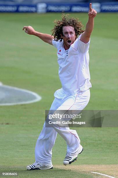 Ryan Sidebottom of England celebrates the wicket of Jacques Kallis of South Africa during day 3 of the 4th Test match between South Africa and...