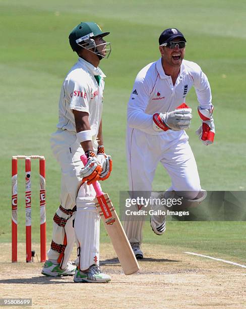 Matthew Prior of England celebrates the wicket of JP Duminy of South Africa during day 3 of the 4th Test match between South Africa and England at...