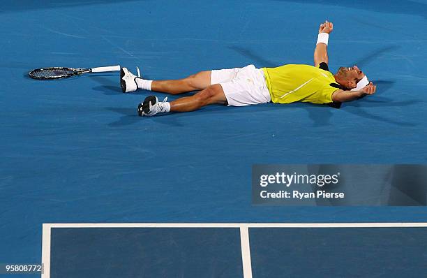 Marcos Baghdatis of Cyrprus celebrates winning match point in his men's final match against Richard Gasquet of France during day seven of the 2010...