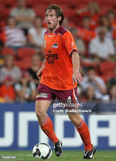 Pieter Collen of the Roar looks to pass during the round 23 A-League match between the Brisbane Roar and the Newcastle Jets at Suncorp Stadium on...
