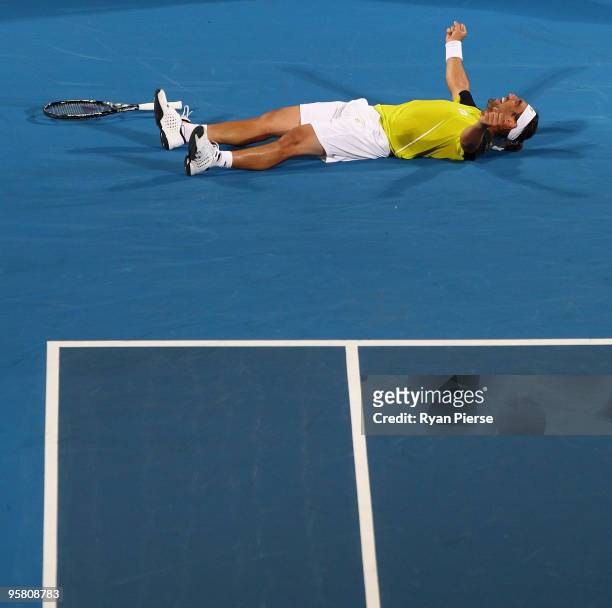 Marcos Baghdatis of Cyrprus celebrates winning match point in his men's final match against Richard Gasquet of France during day seven of the 2010...