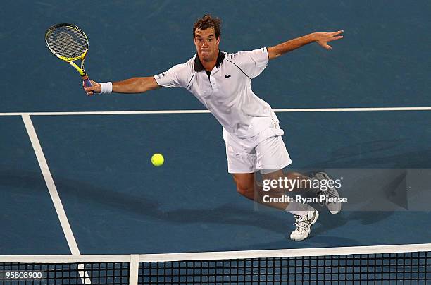 Richard Gasquet of France plays a volley in his men's final match against Marcos Baghdatis of Cyrprus during day seven of the 2010 Medibank...