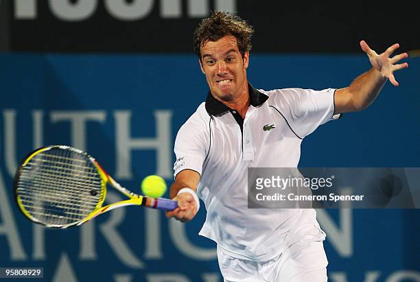 Richard Gasquet of France plays a forehand in his men's final against Marcos Baghdatis of Cyprus during day seven of the 2010 Medibank International...