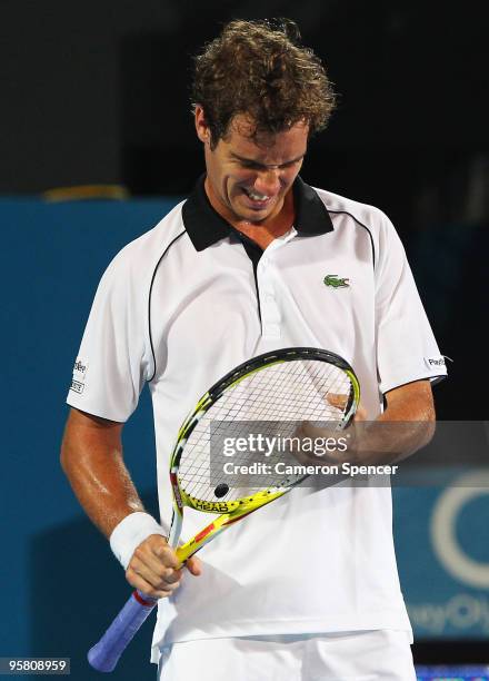 Richard Gasquet of France looks dejected in his men's final against Marcos Baghdatis of Cyprus during day seven of the 2010 Medibank International at...