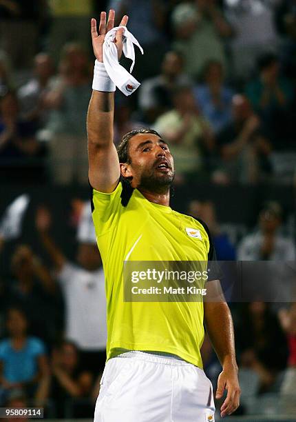 Marcos Baghdatis of Cyprus celebrates winning his final match against Richard Gasquet of France during day seven of the 2010 Medibank International...