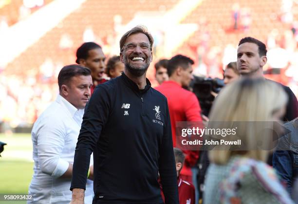 Jurgen Klopp manager of Liverpool at the end of the Premier League match between Liverpool and Brighton and Hove Albion at Anfield on May 13, 2018 in...