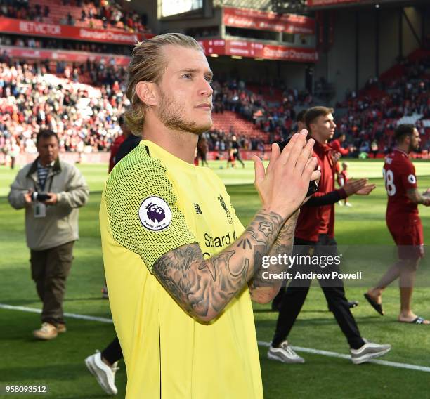 Loris Karius of Liverpool shows his appreciation to the fans at the end of the Premier League match between Liverpool and Brighton and Hove Albion at...