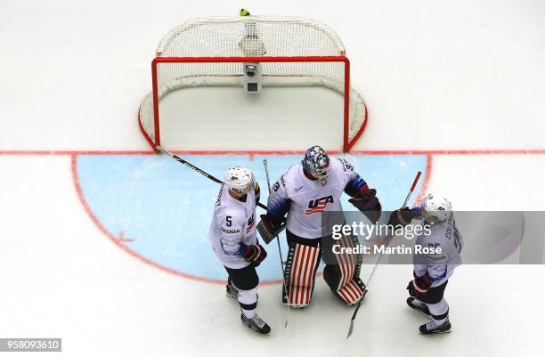 Scott Darling, goaltender of United States celebrate victory with his team mates over Norway after the 2018 IIHF Ice Hockey World Championship Group...