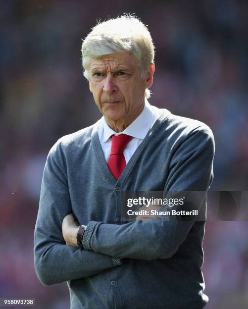 Arsenal manager Arsene Wenger during the Premier League match between Huddersfield Town and Arsenal at John Smith's Stadium on May 13, 2018 in...