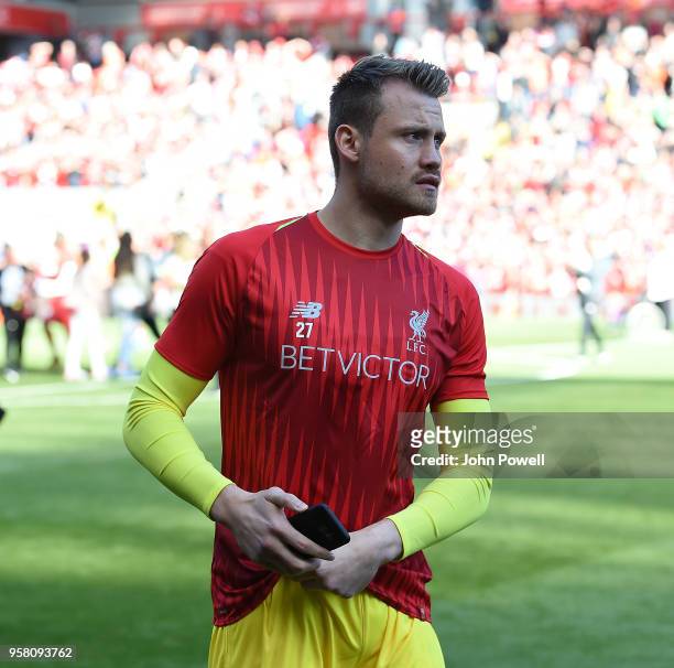 Simon Mignolet of Liverpool shows his appreciation to the fans at the end of the Premier League match between Liverpool and Brighton and Hove Albion...