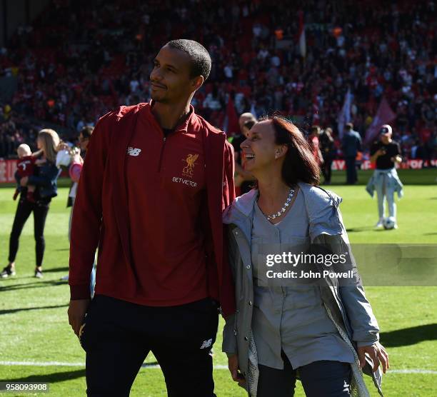 Joel Matip of Liverpool at the end of the Premier League match between Liverpool and Brighton and Hove Albion at Anfield on May 13, 2018 in...