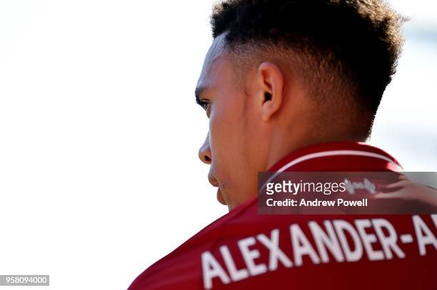 Trent Alexander-Arnold of Liverpool during the Premier League match between Liverpool and Brighton and Hove Albion at Anfield on May 13, 2018 in...