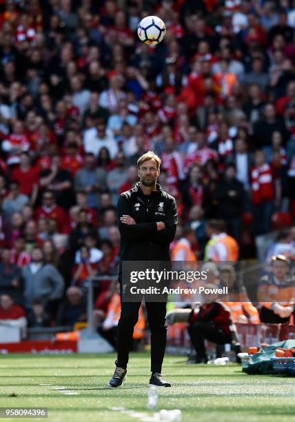 Jurgen Klopp manager of Liverpool during the Premier League match between Liverpool and Brighton and Hove Albion at Anfield on May 13, 2018 in...