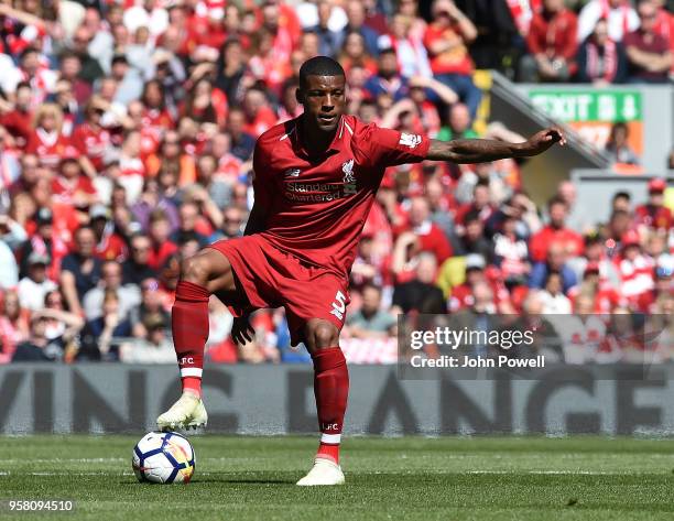 Georginio Wijnaldum of Liverpool during the Premier League match between Liverpool and Brighton and Hove Albion at Anfield on May 13, 2018 in...