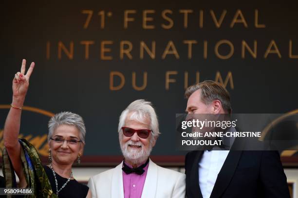 Katharina Kubrick, daughter of British director Stanley Kubrick, German-US producer Jan Harlan and British director Christopher Nolan pose as they...