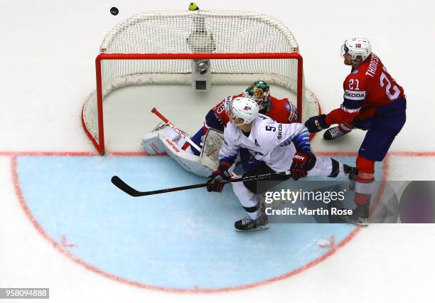 Lars Haugen, goaltender of Norway tends net against Connor Murphy of United States during the 2018 IIHF Ice Hockey World Championship Group B game...