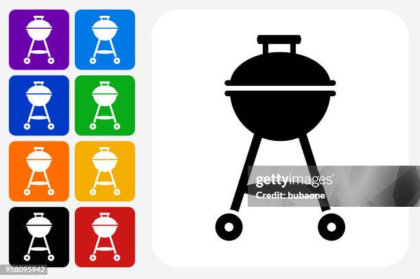 grill icon square button set - bbq grill white background stock illustrations