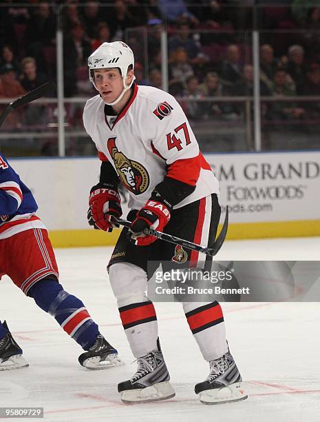Zack Smith of the Ottawa Senators skates against the New York Rangers at Madison Square Garden on January 14, 2010 in New York, New York.