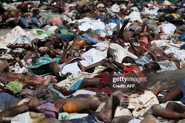 Dead bodies collected in the general hospital at Port Au Prince on January 15 2010, following the 7.0-magnitude quake on January 12. More than 50,000...